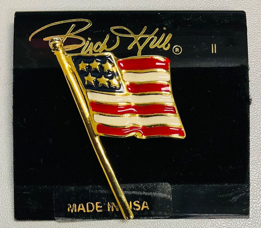 New Birch Hill American Flag Enamel Gold Tone Brooch Pin 2” x 1”